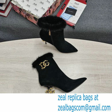 Dolce  &  Gabbana Mink Fur Thin Heel 10.5cm Leather Ankle Boots Suede Black with Baroque DG Heel 2021